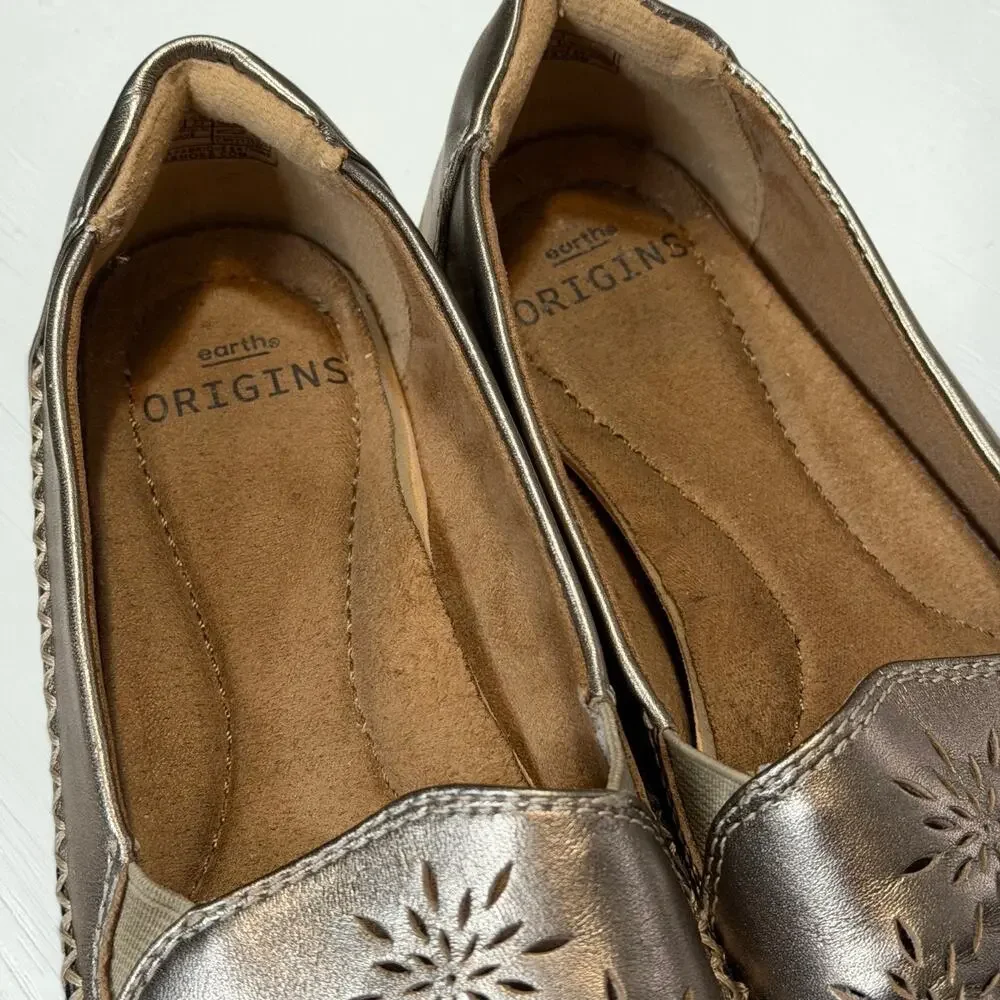 Earth Origins Freya Washed Gold Leather Whipstitch Comfort Flats Loafers Sz 6M